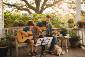 Father and son playing guitar